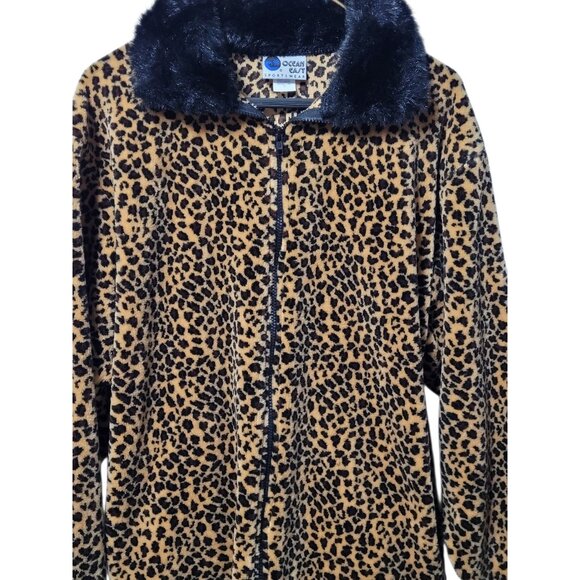 Vtg Ocean East Fleece Jacket Women’s M Leopard Print Faux Fur Collar Zip Up - Picture 2 of 15